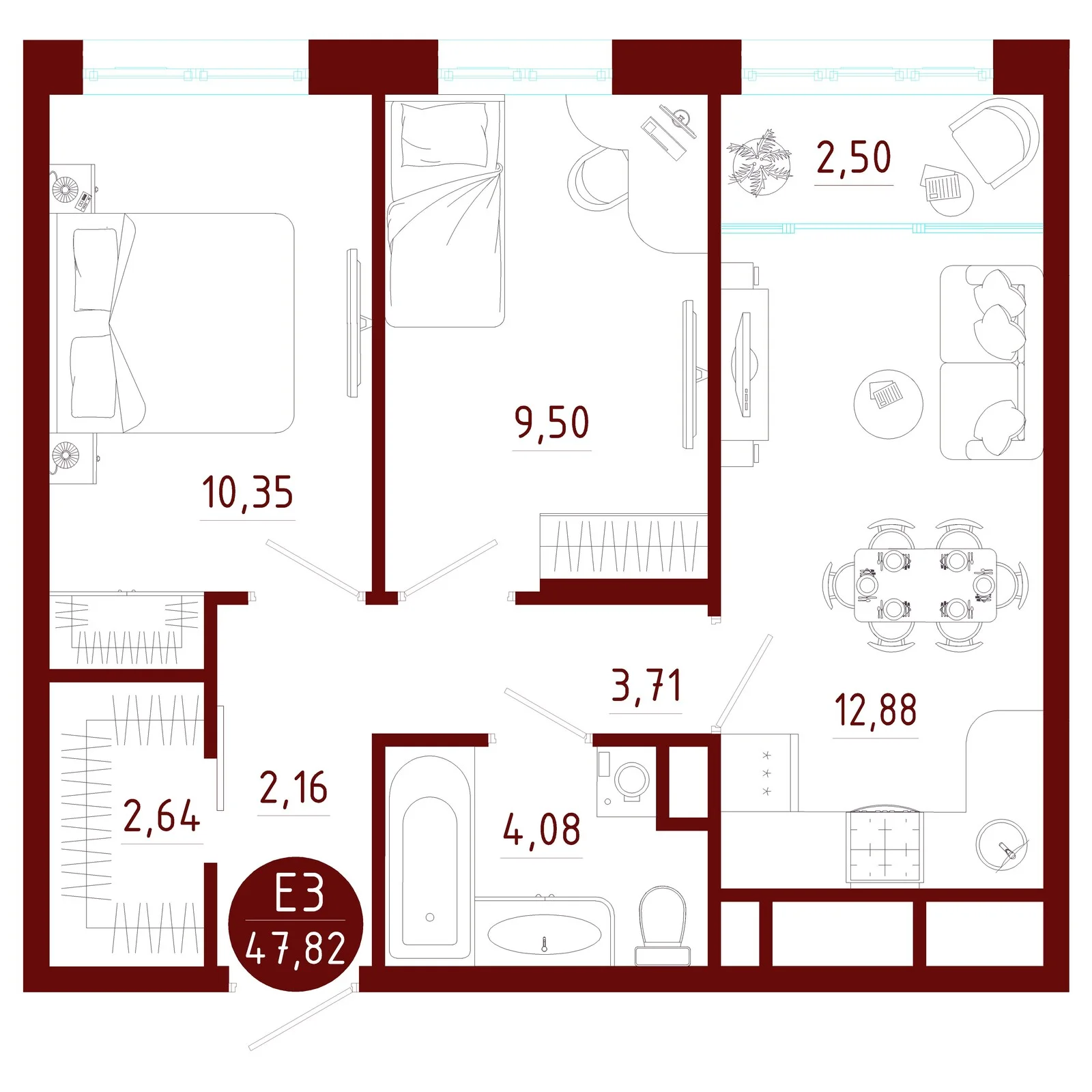 Планировка Квартира с двумя спальнями и гостиной 15 м² (Евро-3)