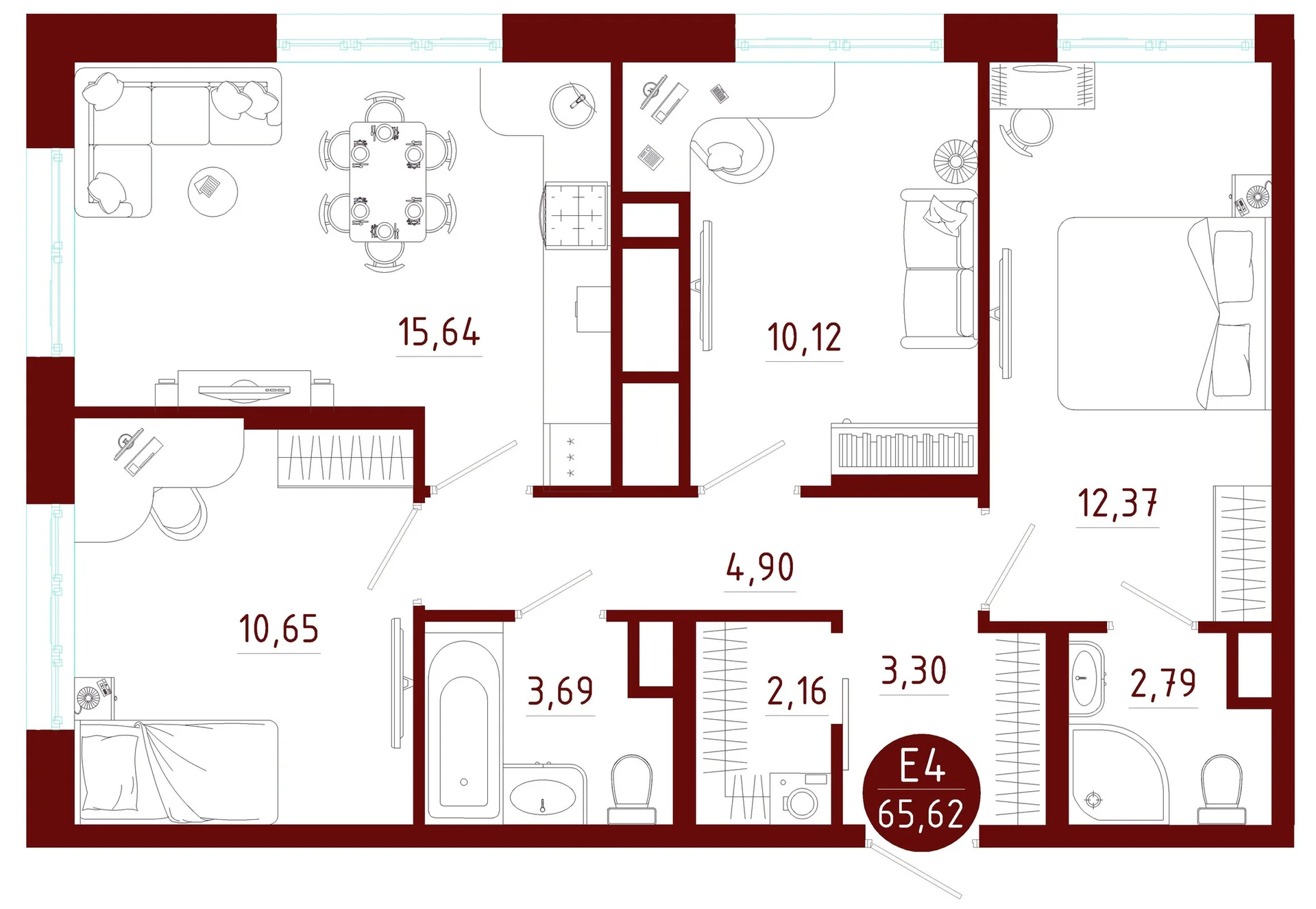 Планировка Квартира с тремя спальнями и гостиной 16 м² (Евро-4)