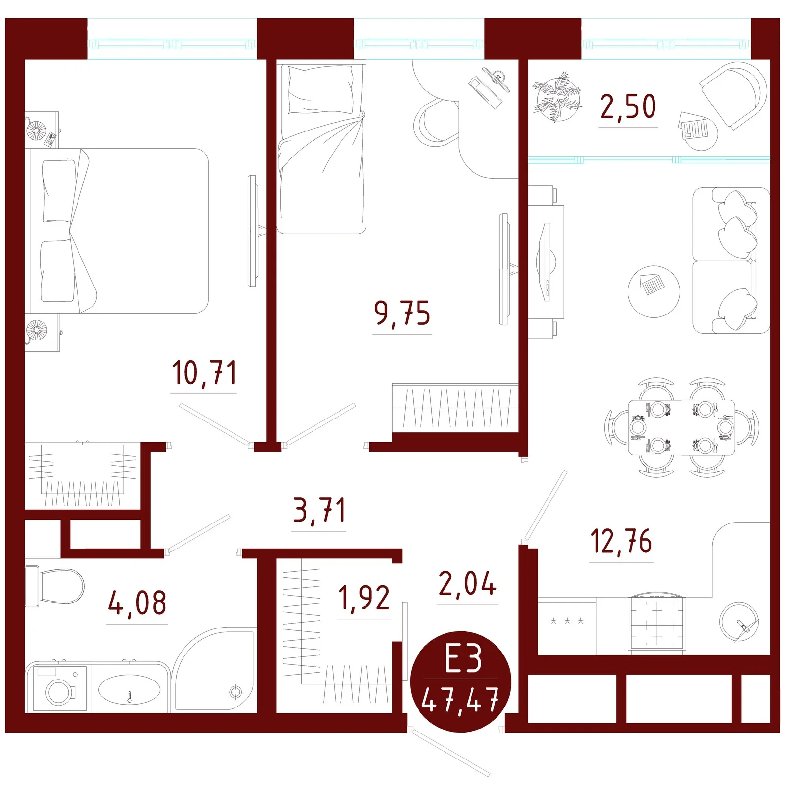Планировка Квартира с двумя спальнями и гостиной 15 м² (Евро-3)