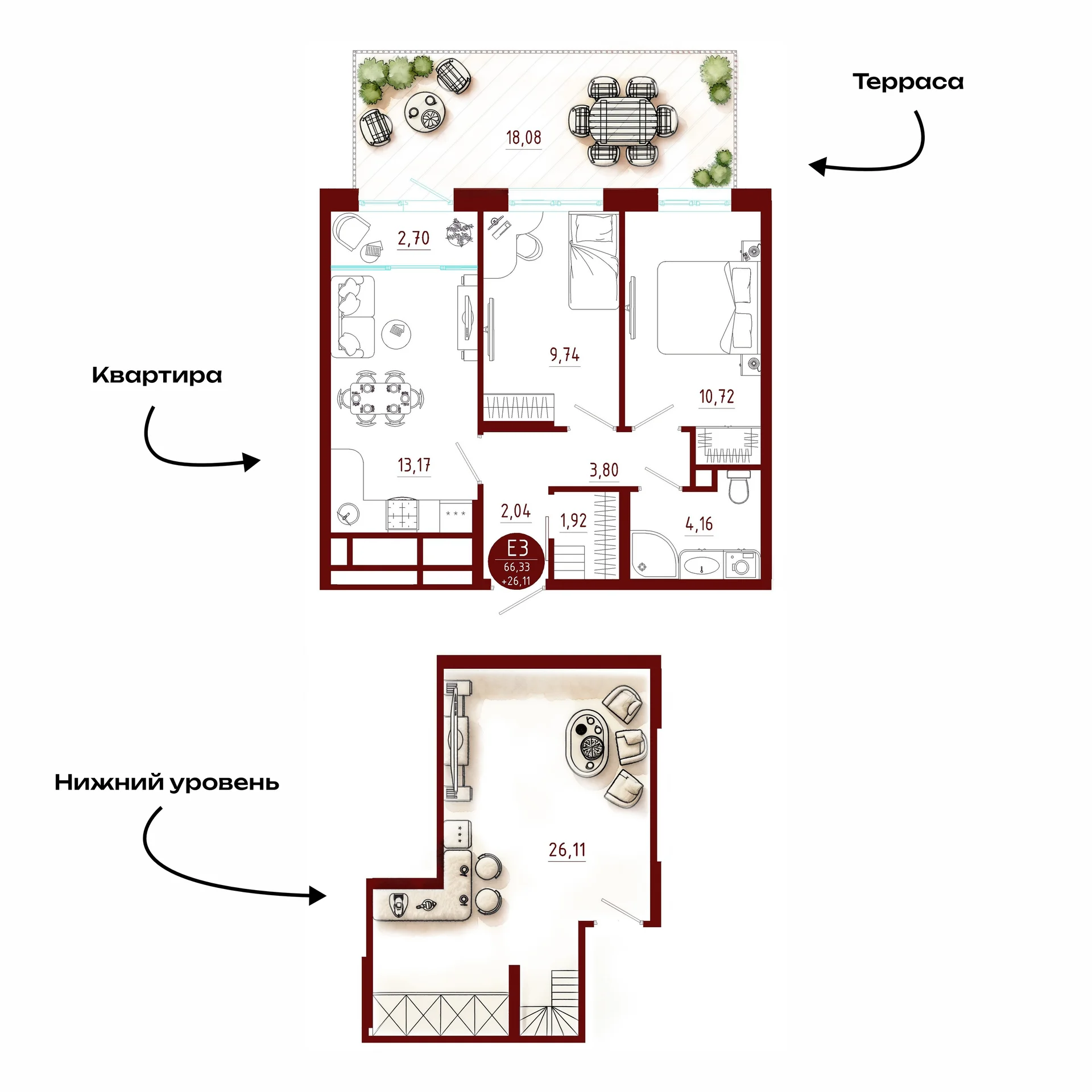 Планировка Квартира с двумя спальнями и гостиной 16 м² (Евро-3)