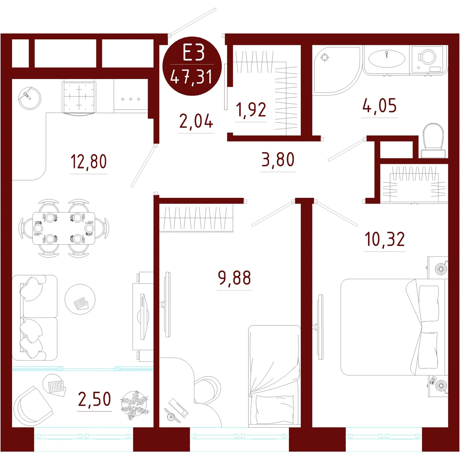 Планировка Квартира с двумя спальнями и гостиной 15 м² (Евро-3)