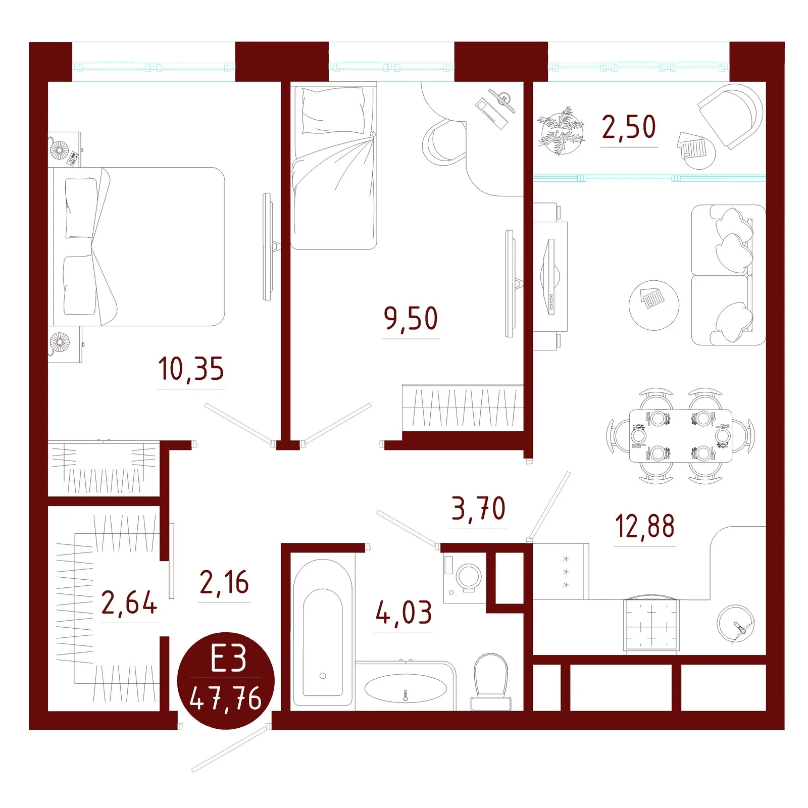 Планировка Квартира с двумя спальнями и гостиной 15 м² (Евро-3)