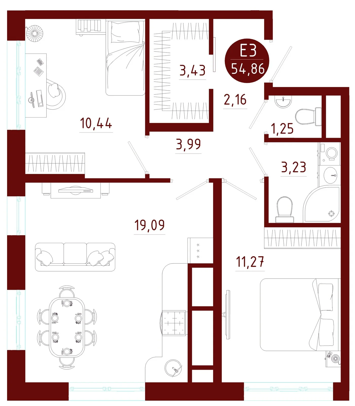 Планировка Квартира с двумя спальнями и гостиной 19 м² (Евро-3)