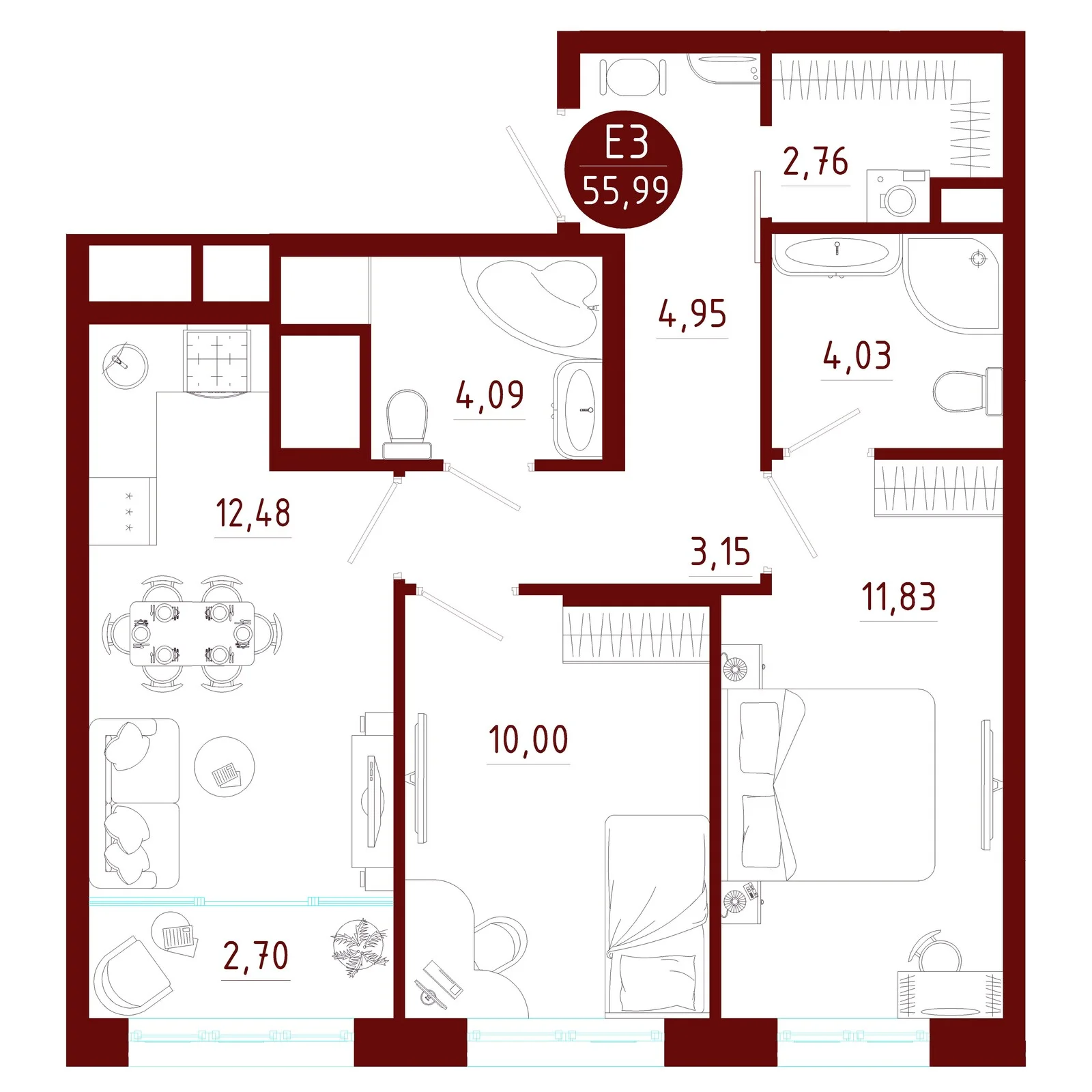 Планировка Квартира с двумя спальнями и гостиной 15 м² (Евро-3)