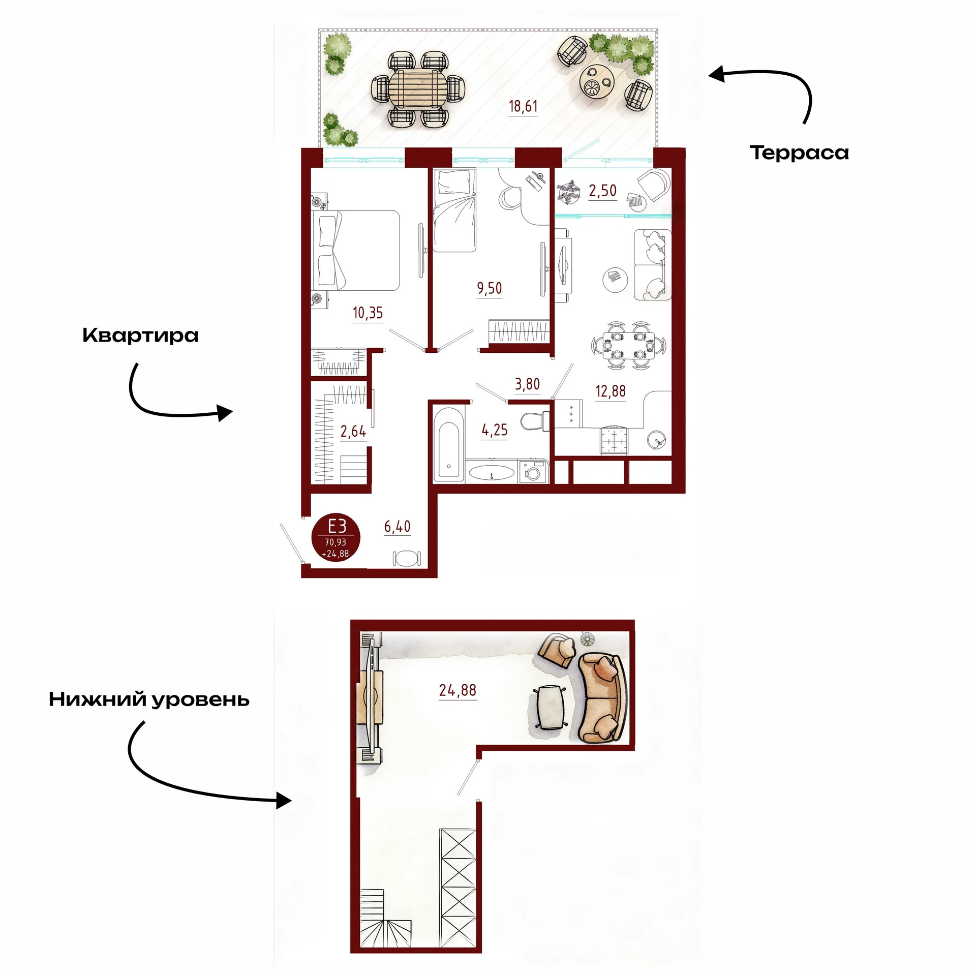 Планировка Квартира с двумя спальнями и гостиной 15 м² (Евро-3)