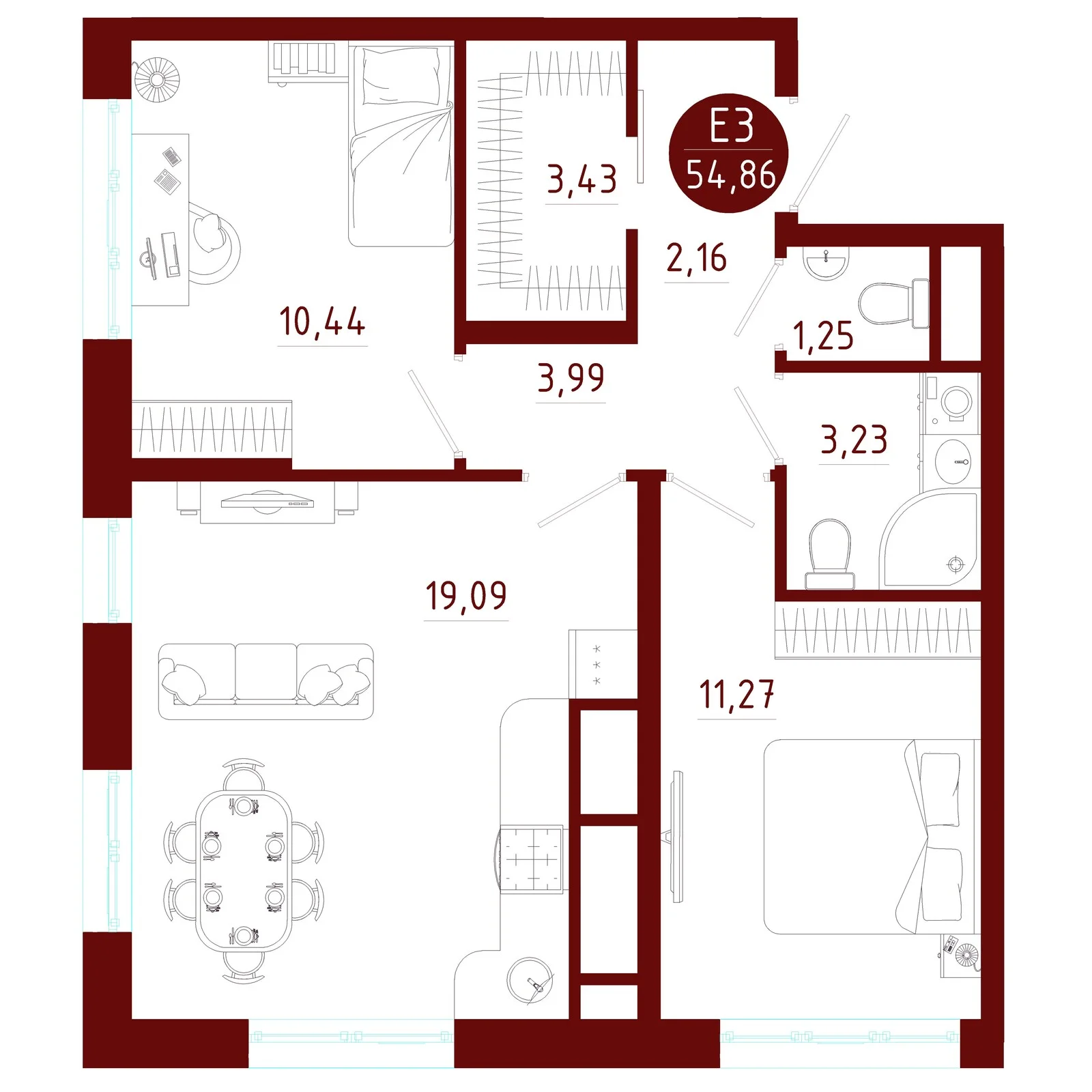 Планировка Квартира с двумя спальнями и гостиной 19 м² (Евро-3)
