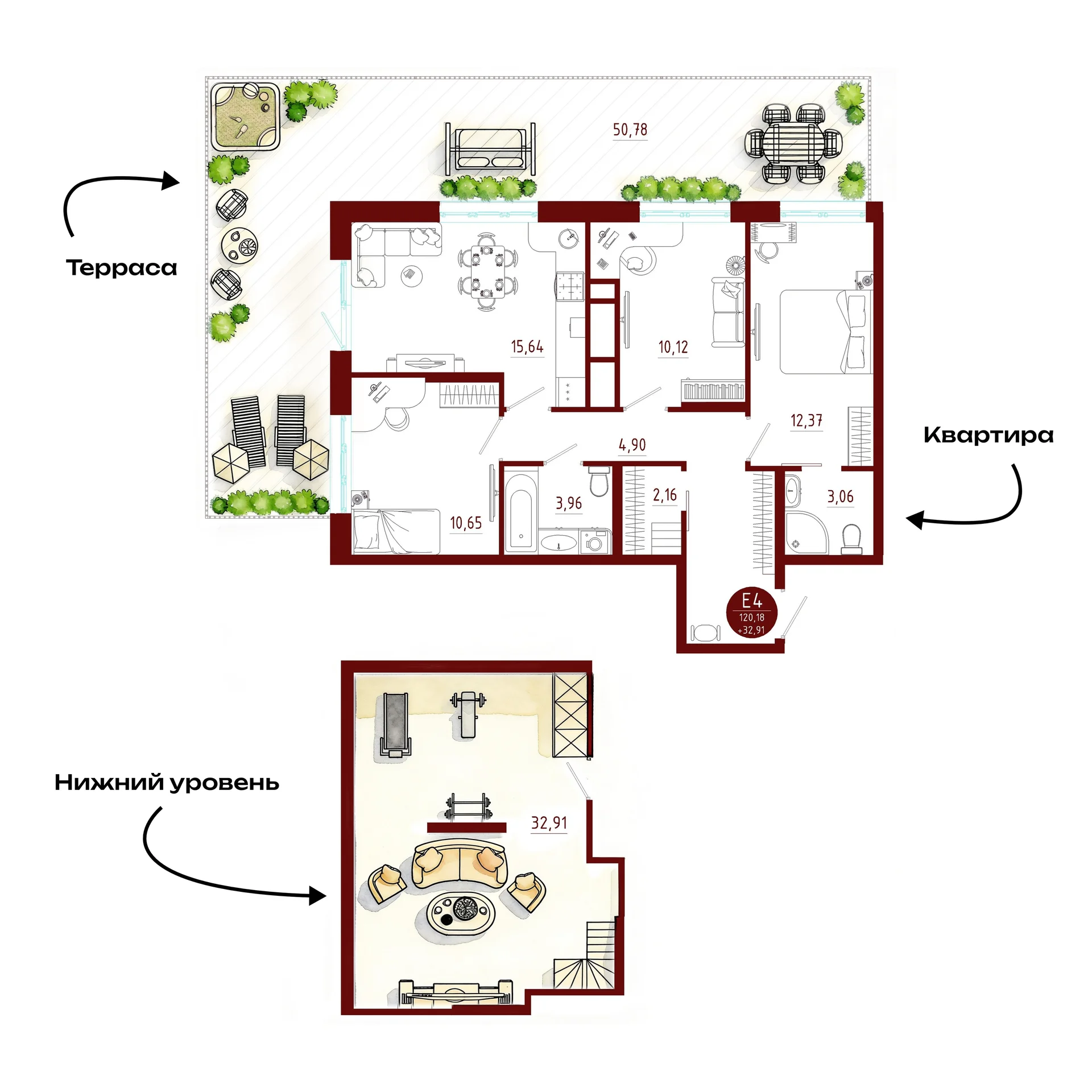 Планировка Квартира с тремя спальнями и гостиной 16 м² (Евро-4)