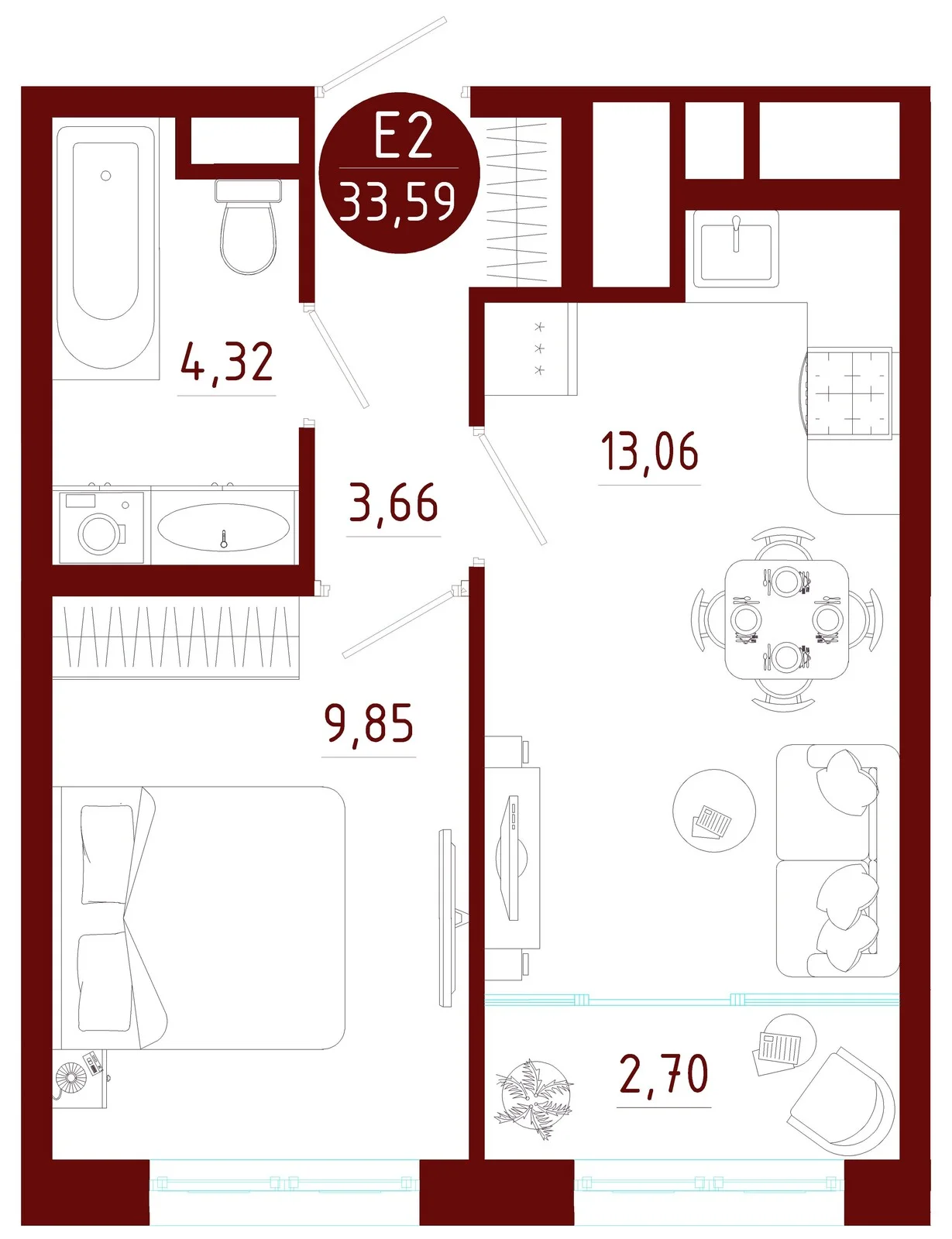 Планировка Квартира с одной спальней и гостиной 16 м² (Евро-2)